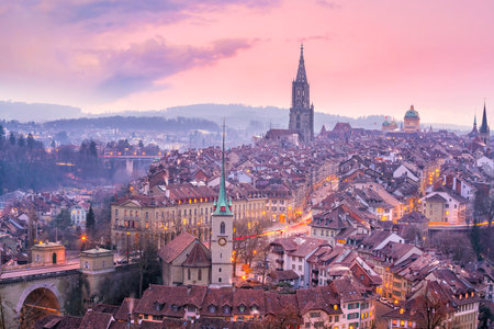 Old Town of Bern, capital of Switzerland in Europe at twilightの写真素材