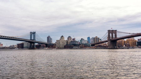 View of Manhattan and Brooklyn bridges from Manhattanの写真素材