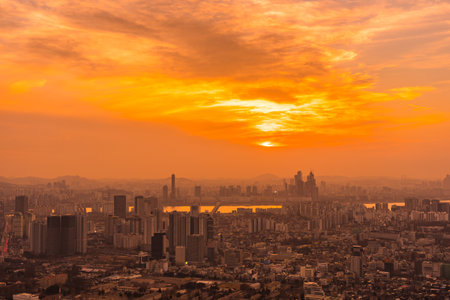 Beautiful landscape and cityscape with architecture and building at sunset time in Seoul city South Koreaの写真素材