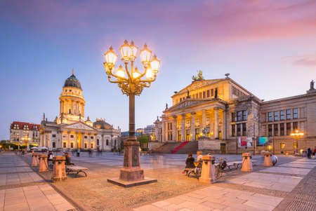 Panoramic view of famous Gendarmenmarkt square at sunset in Berlin Mitte district, Germanyの写真素材