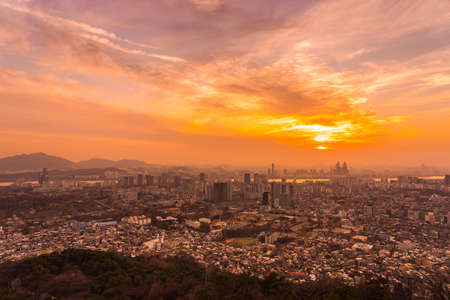 Beautiful landscape and cityscape with architecture and building at sunset time in Seoul city South Koreaの写真素材