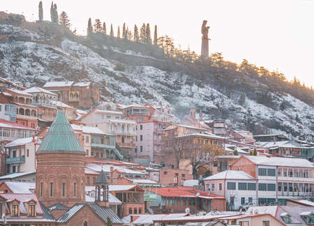 Georgia capital Tbilisi historical old town buildings architecture in winter. Travel destination caucasusの写真素材
