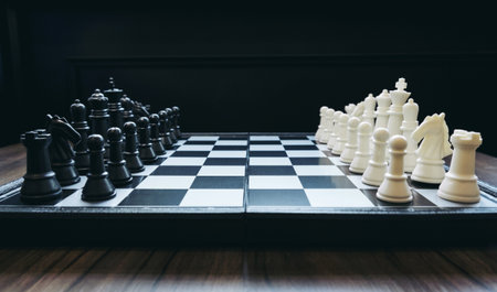 Beginning of the game, Two chess teams in front of different color white and black on the chessboard