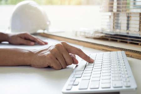 Architecture Engineer Drawing and working for architectural project and engineering tools on workplace, concept of work on technical drawings and constructionの写真素材
