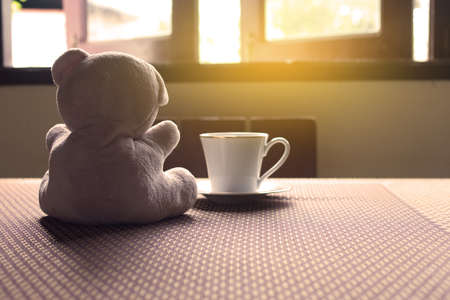 Alone teddy bear sitting on table, Sad concept.の写真素材