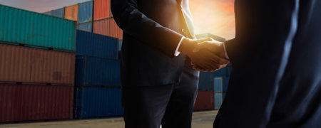 export and import cargo business concept. Close up hand of businessmen shaking hand at industrial container terminal. maritime transport and logistics, successful agreement and success in contractの写真素材