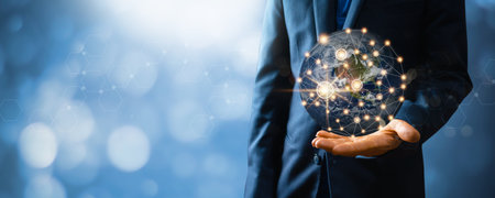 global network connection and high technology, businessman holding glob earth with line connect, worldwide, networking internet concept,Element of this earth furnished by Nasaの写真素材