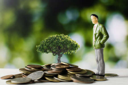 business people model with money coins with small tree growing