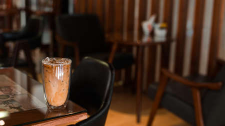 iced coffee on the table inside the cafeの写真素材