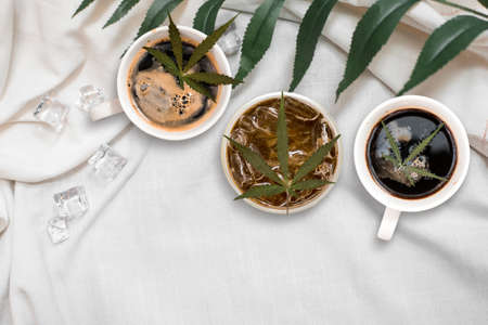 cannabis coffee put on linen fabric. top viewの写真素材