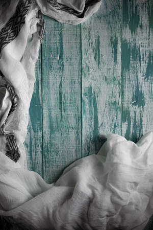 Pastel wood wooden white green with plank texture wall background and Thin white clothの写真素材