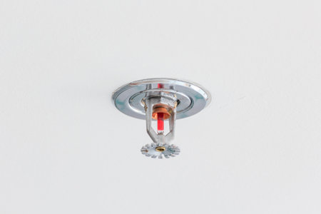 Close up image of fire sprinkler on white background. Fire sprinklers are part of an integrated water piping system designed for life and fire safety.の写真素材