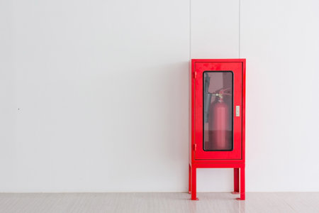 Fire Extinguisher in red Cabinet on Wall for fire protection in factory manufacturing with copy space.の写真素材