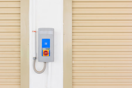 Roller shutter door and automatic door switch in new factory building for industrial background.
