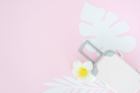 Pink travel suitcase on pink background with tropical leaves and white flower. Concept for travel. Flat lay.の写真素材