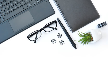 mockup top view Online home education. Home School with notebook, pen, glasses and laptop with place...