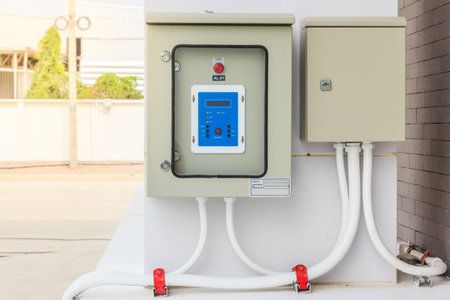 Technical display on control panel with electrical equipment devices cabinet