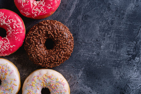 Chocolate, pink and vanilla donuts with sprinkles, sweet glazed dessert food on dark concrete textured background, top view copy spaceの写真素材