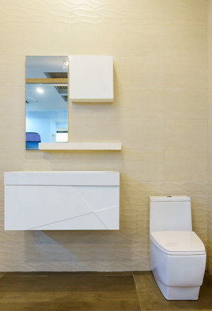 Modern spacious bathroom with bright tiles with toilet and sink. Side view