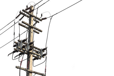 Electric pole connect to the high voltage electric wires isolated on white background.