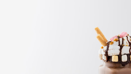 Glass of chocolate shake on tableの写真素材