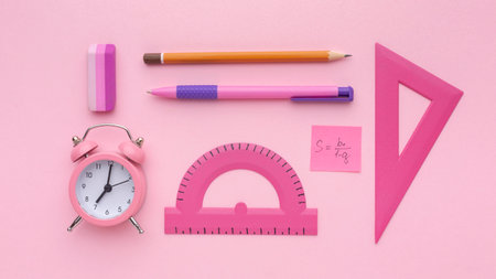 Top view school supplies composition. Top view arrangement school supplies.の写真素材