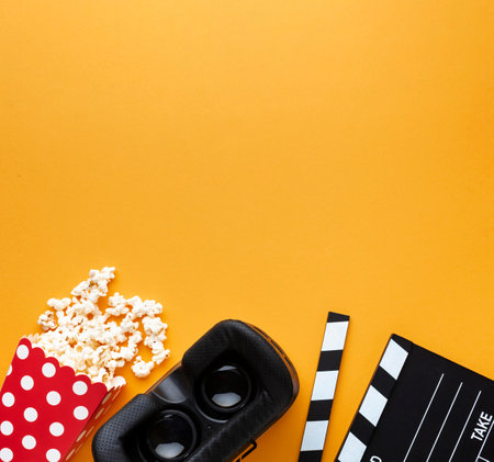 Top view virtual reality headset and popcornの写真素材