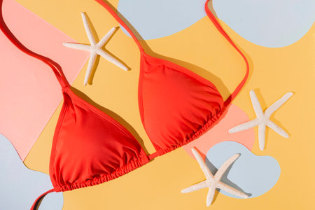 Top view swimsuit and starfish arrangementの写真素材
