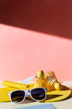 Arrangement with ping ping paddles and glassesの写真素材