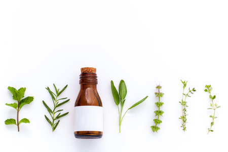 Bottle of essential oil with herb holy basil leaf, rosemary,oregano, sage,basil and mint on white background.の写真素材