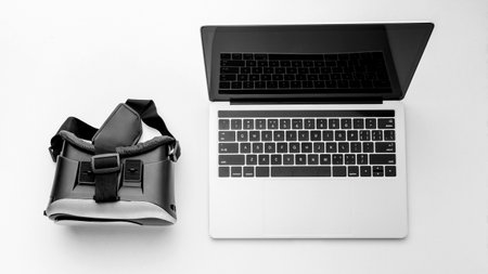 Top view virtual reality simulator with laptopの写真素材