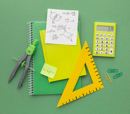 Top view school supplies composition. Top view arrangement school supplies.