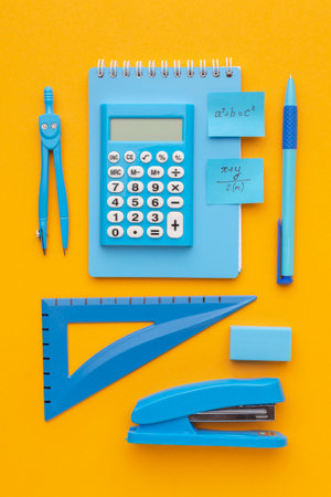 Top view school supplies composition. Top view arrangement school supplies.の写真素材