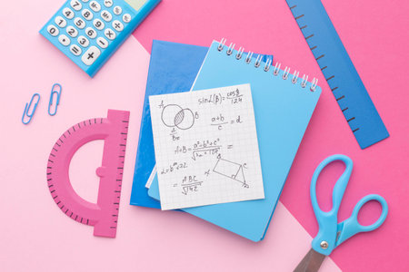 Top view school supplies composition. Top view arrangement school supplies.