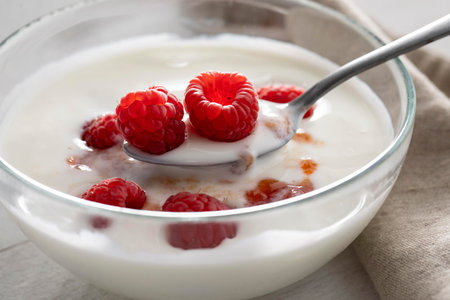 Yogurt with raspberries top viewの写真素材