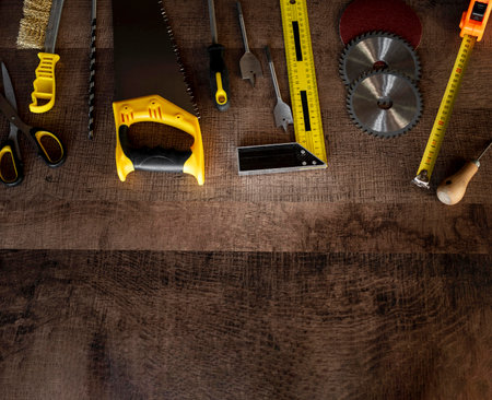 Top view wood tools on deskの写真素材