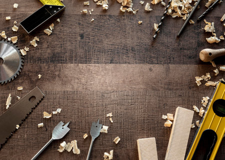 Top view wood tools on deskの写真素材
