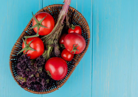 top view of vegetables as basil and tomato in basket on blue background with copy spaceの写真素材