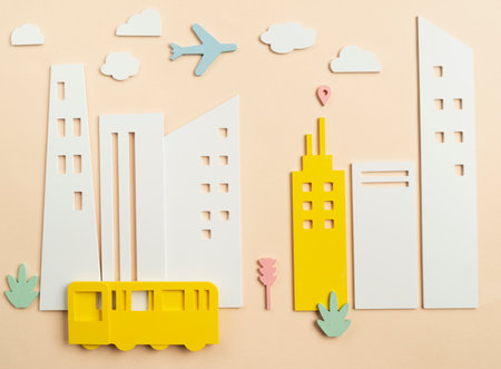 Transport concept with city bus and buildingsの写真素材