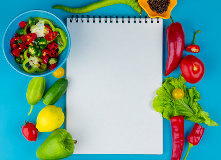 top view of vegetables as cucumber pepper tomato lettuce with black pepper seeds and sliced peppers with note pad on blue background with copy spaceの写真素材