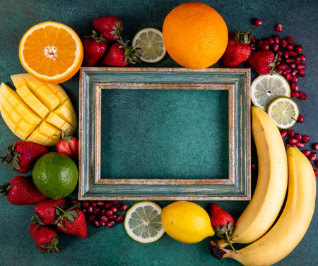 top view copy space mix of fruits mango banana strawberries lemon orange with frame on a green backgroundの写真素材