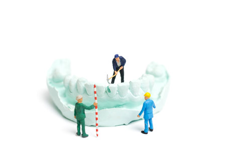 Miniature Worker team is filing fake teeth and placing them in a denture made with plaster. Dental...