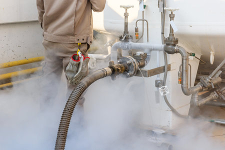 Worker loading liquid nitrogen with Nitrogen storage tank at new factoryの写真素材
