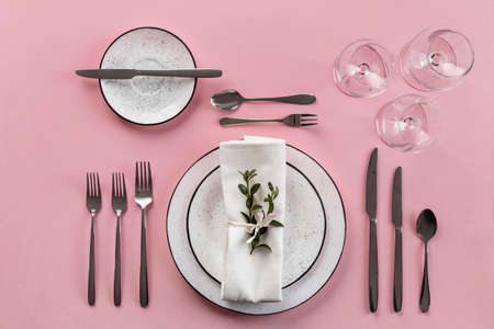 Table etiquette with pink backgroundの写真素材