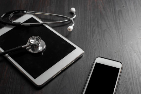 Close-up Of Medical Stethoscope On Tablet computerの写真素材