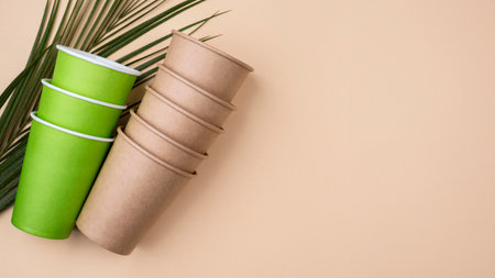 Eco friendly disposable tableware and cup top view copy spaceの写真素材