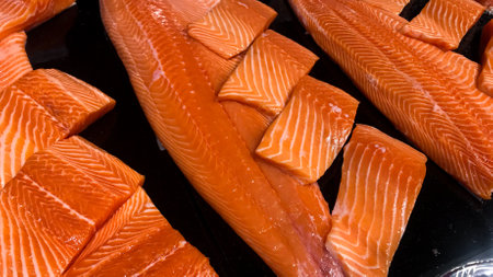 Close up of raw fresh salmon fillet textureの写真素材