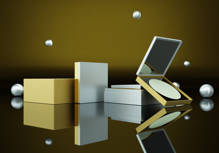 A set of makeup for many women on a gold backgroundの写真素材