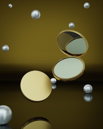 Loose makeup powder for women on gold backgroundの写真素材