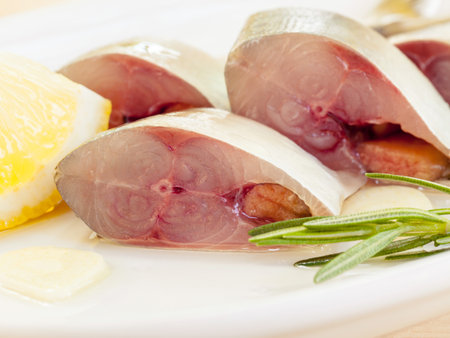 Fresh cutting Mackeral in olive oil.の写真素材